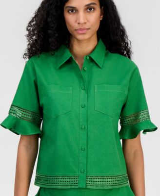 Women's Open-Trim Ruffled-Cuff Blouse