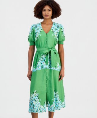 Women's Belted Printed Button-Front Midi Dress
