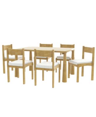 Retro 7-Piece Dining Set for 6 with Upholstered Chairs (Natural Wood