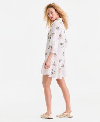 Women's 100% Linen Print Button-Front 3/4-Sleeve Dress