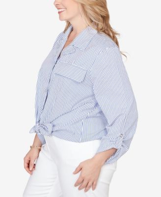 Plus Size Snap Front Tie Hem Pucker Stripe Top