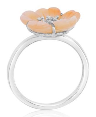 Imitation Pearl and Diamond (0.028 ct. t.w.) Flower Ring in Rhodium Over Sterling Silver