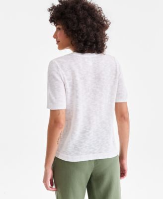 Women's Linen Blend Textured Crewneck Short-Sleeve Sweater