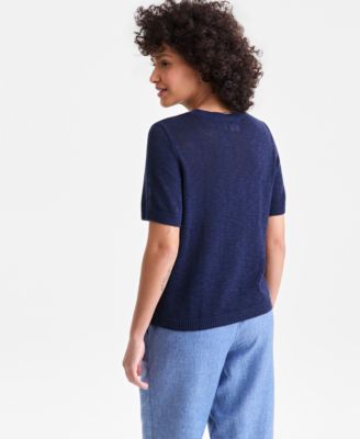 Women's Linen Blend Textured Crewneck Short-Sleeve Sweater