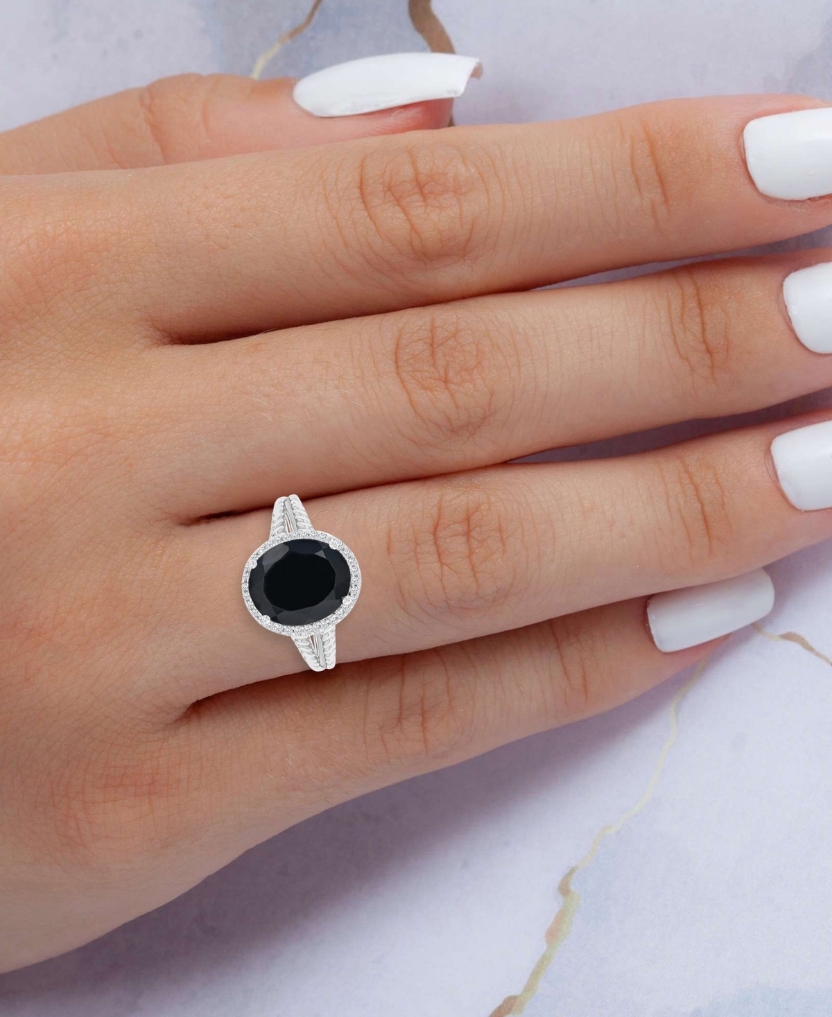 Macy's Onyx (4.4 ct. t.w.) and Sapphire Halo Ring in Rhodium Over Sterling Silver