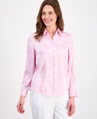 Women's Button-Front Long-Sleeve Collared Neck Blouse