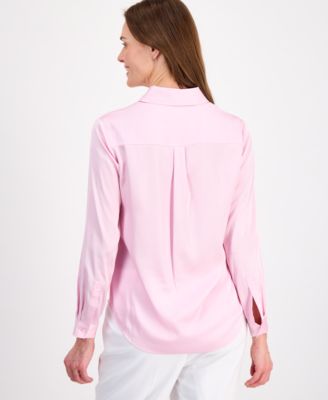Women's Button-Front Long-Sleeve Collared Neck Blouse