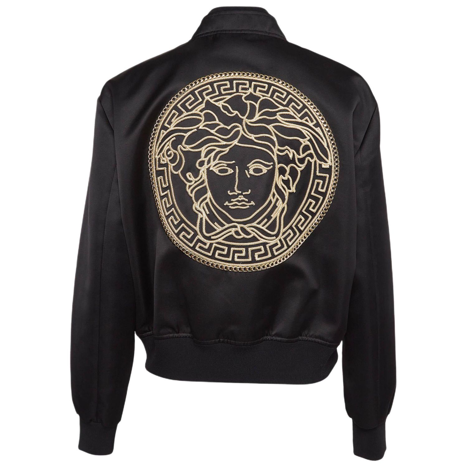 Women's Black Medusa Embroidered Satin Bomber Jacket