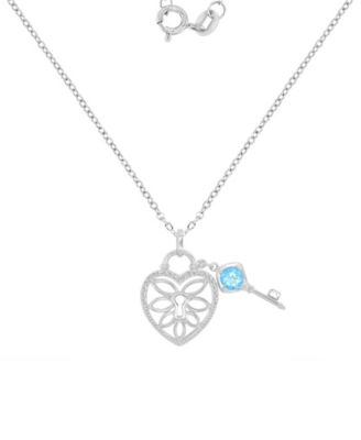 Swiss Blue Topaz (0.6 ct. t.w.) and White Sapphire (0.105 ct. t.w.) Heart and Key Pendant Necklace in Rhodium Over Sterling Silver