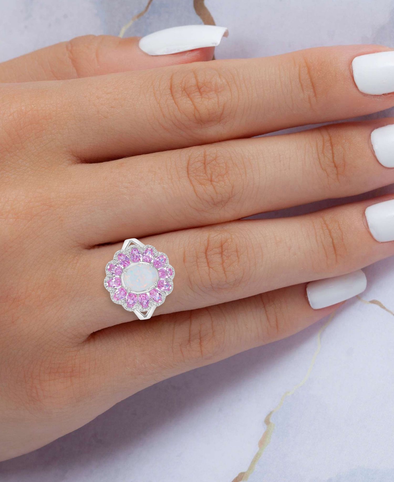Opal & Sapphire (0.29 ct. t.w.) Flower Ring in Rhodium Over Sterling Silver