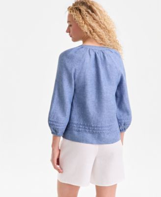 Women's 100% Linen Crochet-Trim Tie-Neck Top