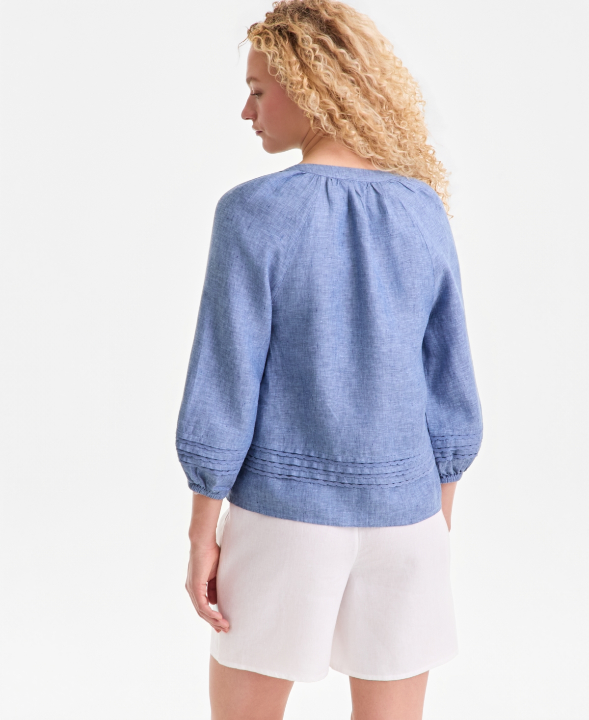 Charter Club Women's 100% Linen Crochet-Trim Tie-Neck Top, Macy's Exclusive