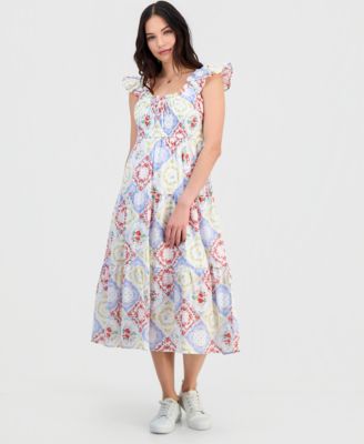 Juniors' Cotton Flutter-Sleeve Midi Dress