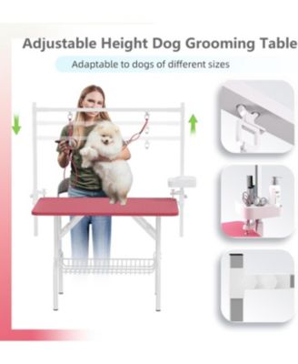 36" Large Dog Grooming Table, Foldable Adjustable Pet Station with Arms, Nooses & Mesh Drying Tray, Pink