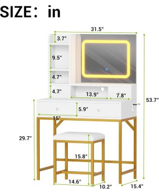 White 4-Drawer Lighted Mirror Vanity, Practical Makeup Table for Bedroom Storage