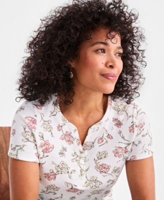Women's Printed Short-Sleeve Henley Top