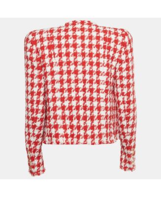 Women's Red /white Houndstooth Tweed Open Front Jacket