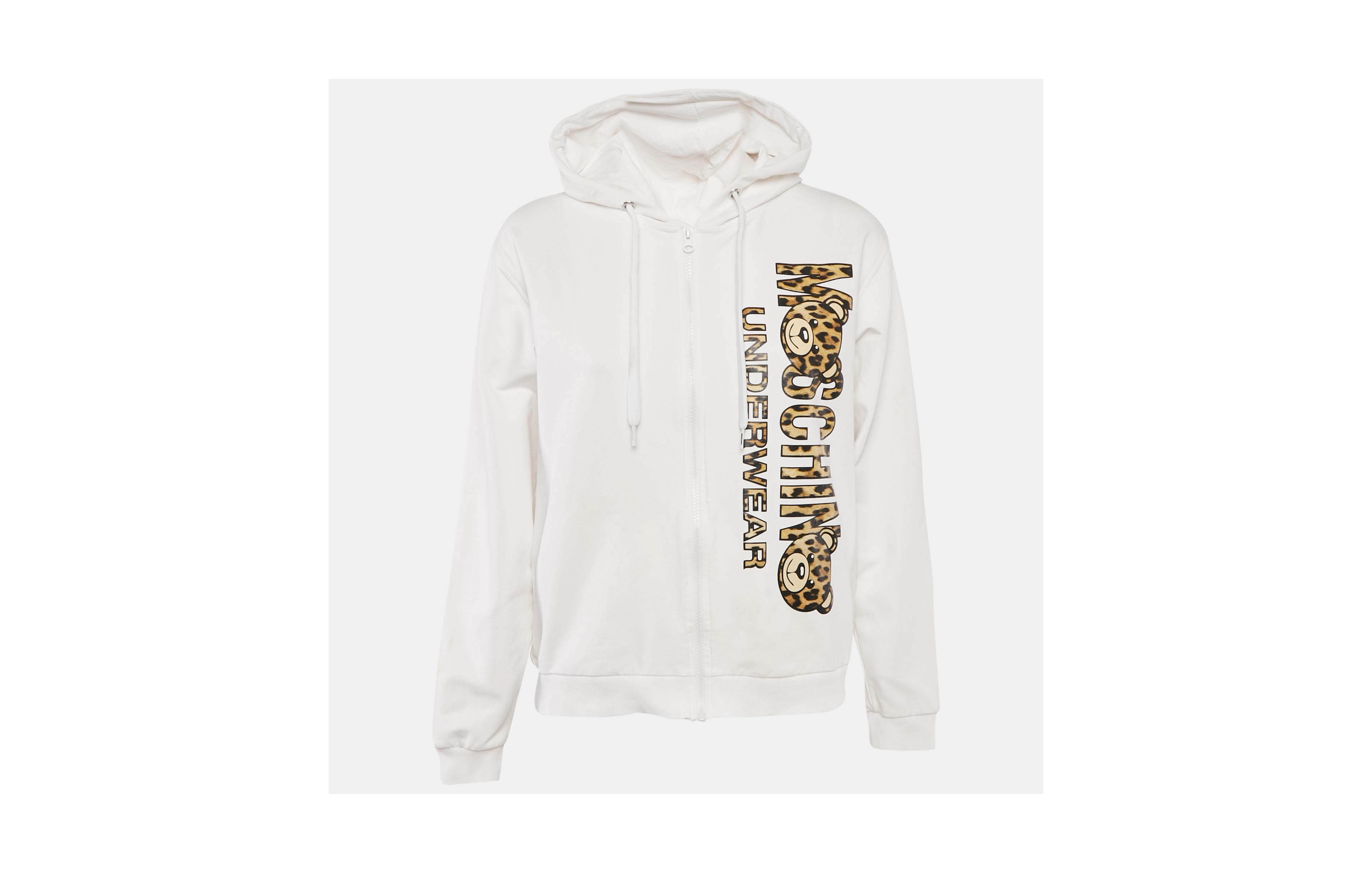 Pre-Owned Moschino Women's White Logo Print Cotton Knit Zip-Up Hoodie Jacket