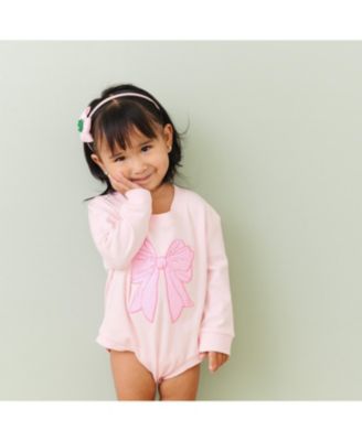 Baby Girls Pink Bow Sequin Patch Long Sleeve Romper