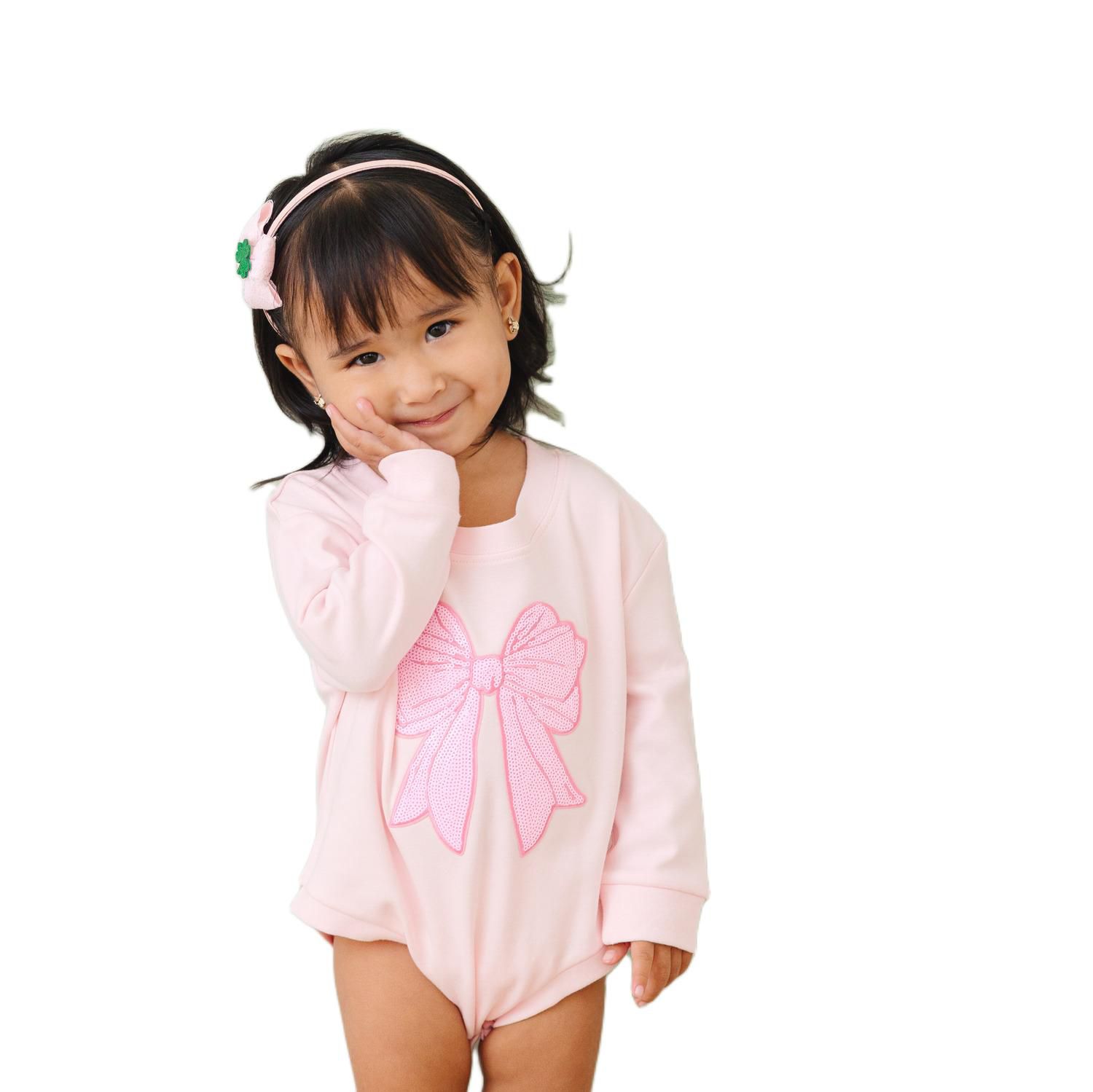 Baby Girls Pink Bow Sequin Patch Long Sleeve Romper