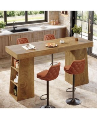 Tribeisgns 63-Inch Long Bar Table with Storage, Counter Height Pub Cocktail Table Home Bar Unit with Storage Shelves