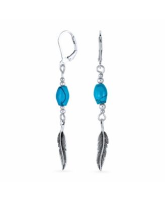 Southwestern Style Turquoise Bead & Feather Leaf Dangle Earrings Oxidized sterling Silver Lever back