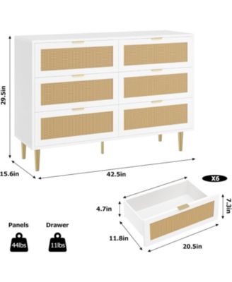 Rattan 6 Drawer Dresser for Bedroom, Modern Chest of Drawers with Gold Legs and Gold Handles, Wide Double Dresser with Large Tabletop