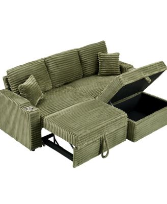 80 Inch Corduroy Sleeper Sofa Bed with Storage Ottoman, Pull-Out Convertible Couch for Living Room or Guest Room