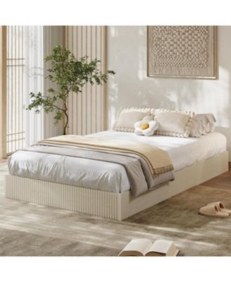 Twin Bed Frame, Wood Platform Bed with Fluted Design, Low Profile BedFrame, Minimalist Bed Base with Noise-Free, Easy Assembly, Cream