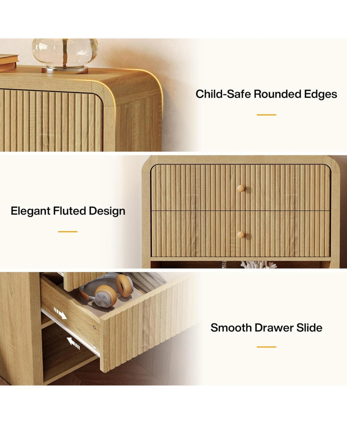 Tribesigns Oversized Nightstand with 2 Drawers Set of 2, 31.5" Large Wide Modern Bedside Table with Open Storage, Big Fluted Night Stand