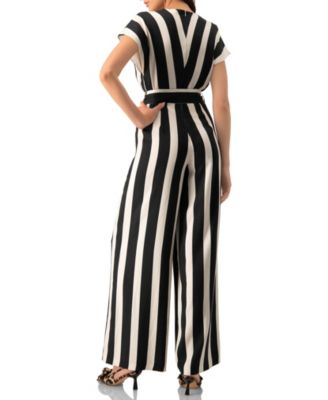 Women's Striped V-Neck Jumpsuit with Waist Tie