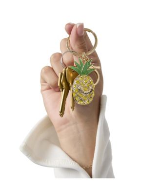 Crystal Pineapple Keychain, Gold Tone with Green Enamel Leaves
