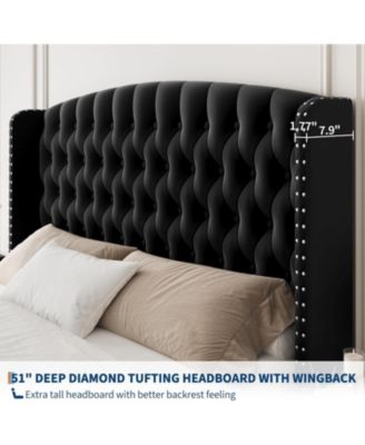 Upholstered Platform Bed Frame with 51" Wingback Headboard & Strong Wood Slats &acirc;€“ Velvet, Noise&acirc;€‘Free Support - Queen