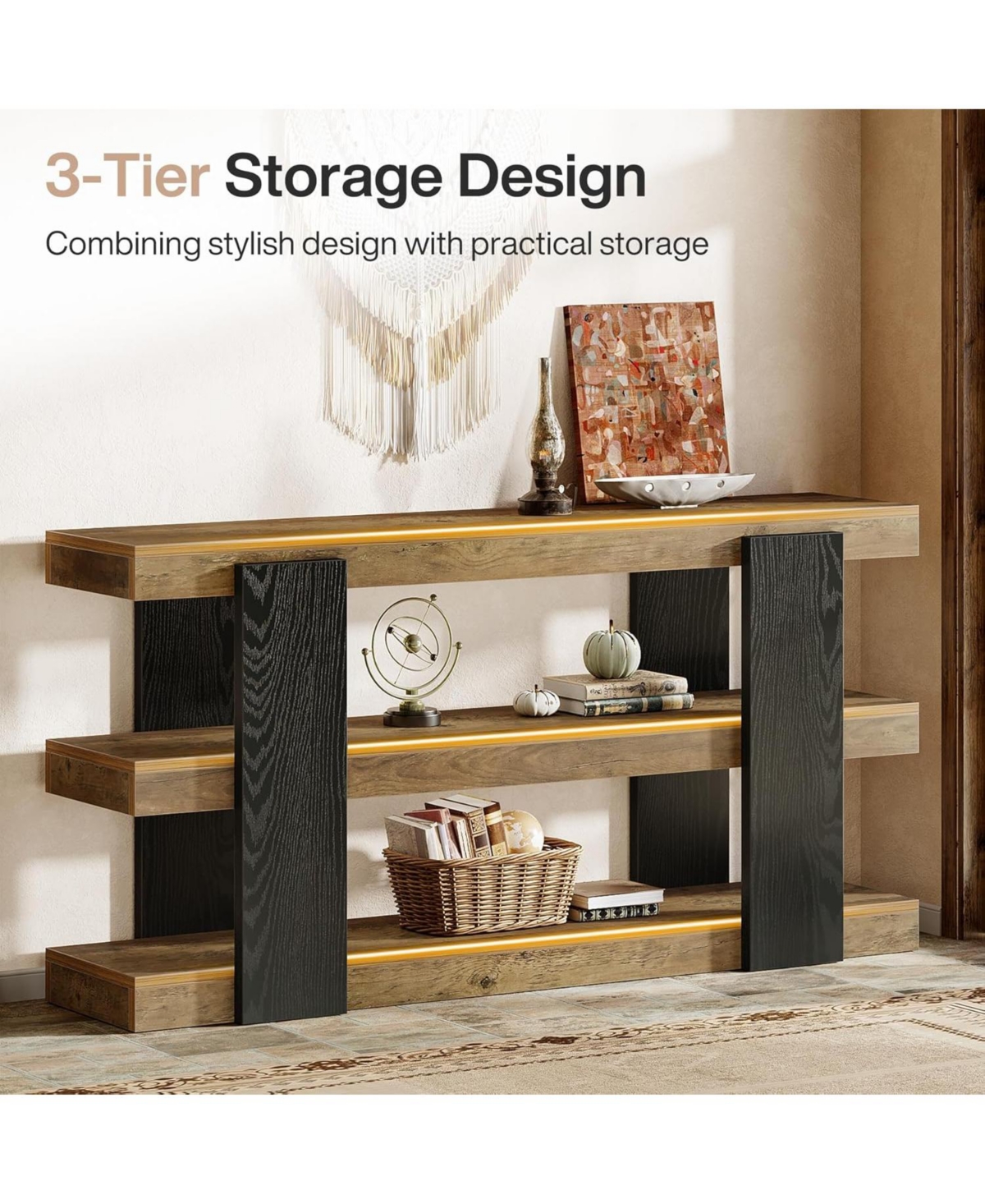 Tribesigns 63-Inch Long Console Table, 3-Tier Entryway Table with Storage, Farmhouse Wood Behind Couch Tables