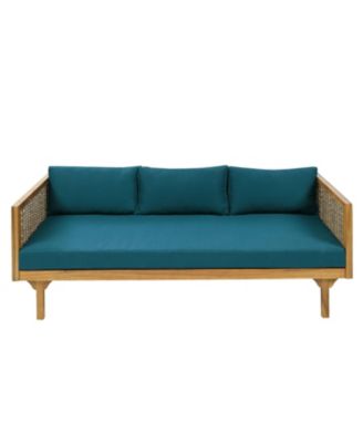 Weather Resistant Wicker Patio Conversation Set with Acacia Wood Coffee Table Water Resistant Thick Dark Teal Cushions for Garden Patio Deck