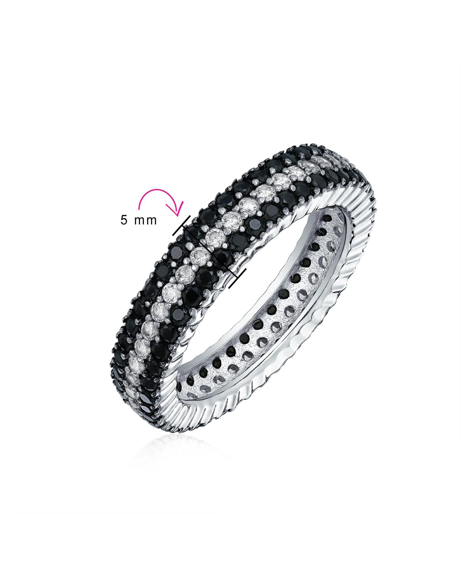 Cubic Zirconia 3 Row Pave Stripe CZ Statement Black and White Eternity Band Ring .925 Sterling Silver