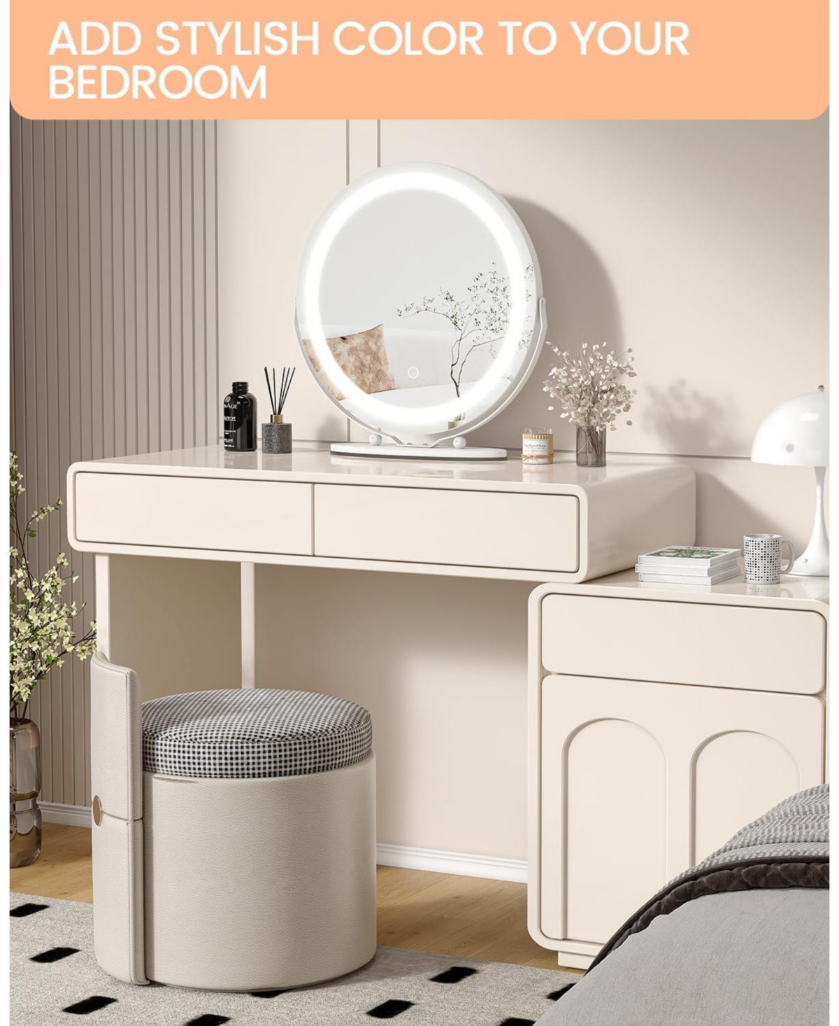 Homfan 19 in Vanity Mirror with Led Lights, Large Round Makeup Mirror with Touch Control and 3 Color Lighting Modes