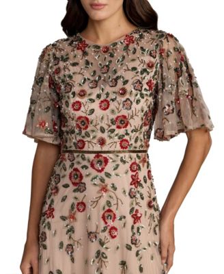 Women's Floral Embellished Flutter Sleeve Midi Dress