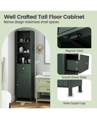 67 Inch Tall Narrow Bathroom Floor Storage Cabinet with Fluted Door