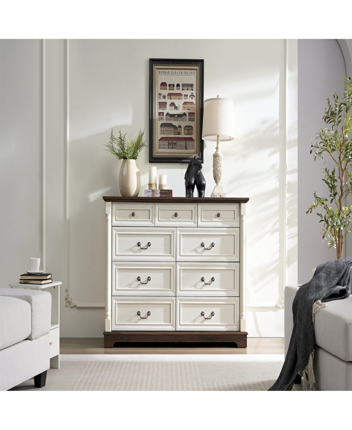 Clihome 9 Drawer Dresser Chest with Wooden Base, Wooden Rustic Rustic Chest of Drawers, Storage Dresser