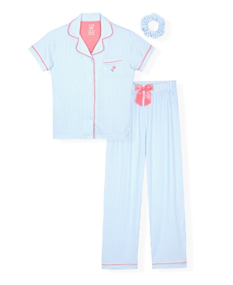 Детские Max & Olivia Girls' 6-16 Striped Top, Long Leg Pants & Scrunchie, 3-Piece Pajama Set