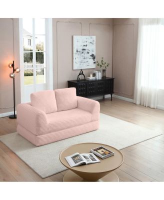2-in-1 Folding Convertible Sofa Bed, Modern Corduroy Sleeper Couch with 2 Pillows, Pink