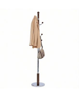 Freestanding coat rack with stable round base, adjustable height tree stand, (solid metal hooks)