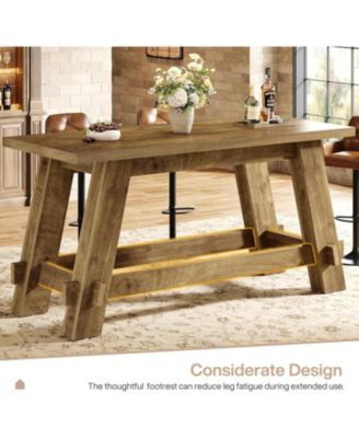 63" Counter Height Bar Table with Footrest, Rectangular Tall High Top Pub Table, Industrial Home Bar Unit, Rustic Brown