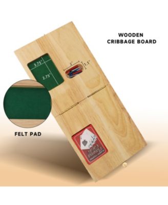 4-Track Wooden Folding Cribbage Board with Playing Card, Metal Pegs and Storage Area for Family Game
