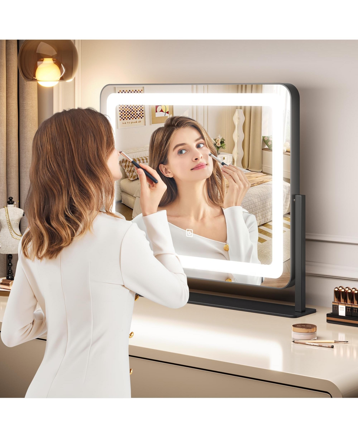 Homfan Led Vanity Mirror, 19.7" x 17.5" Touch Screen Makeup Mirror with 3 Lighting Modes, Adjustable Tabletop Design