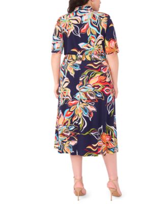 Plus Size Printed Collared Neck Short-Sleeve Midi Dress