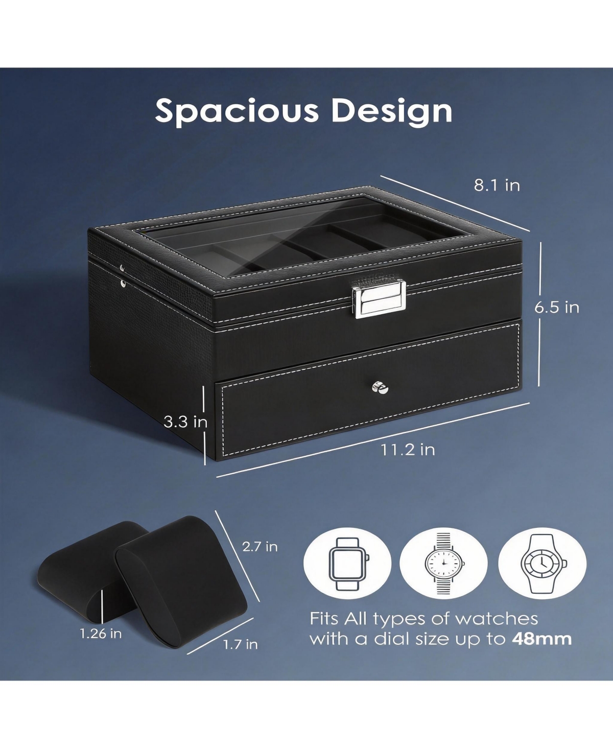 Yigii 20-Slot Pu Leather Watch Box with Clear Glass Lid and Removable Cushions