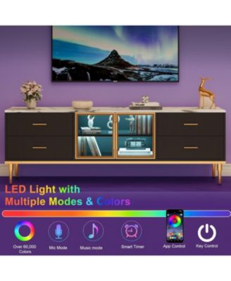 65 in TV Stand with LED Lights, Modern Entertainment Center with 4 Drawers & Shelves & Glass Doors