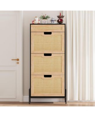 Rattan Storage Cabinet with 3 Flip Drawers, Freestanding Entryway Shoe Storage, Narrow Shoe Cabinet with Metal Legs for Entrance